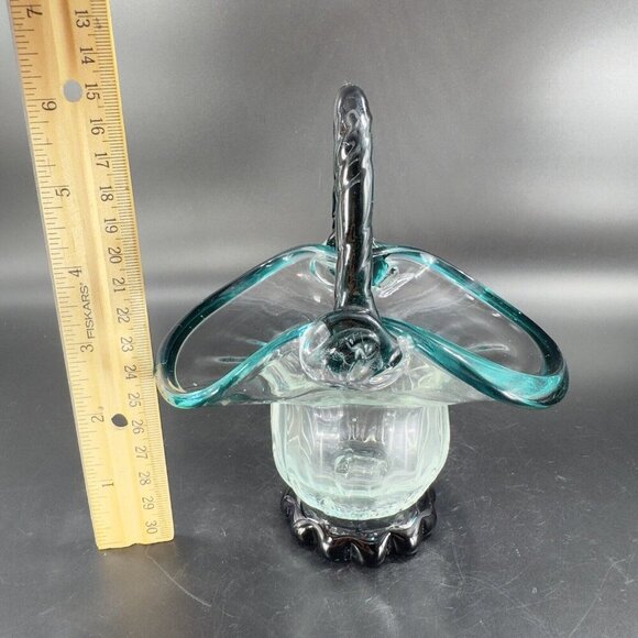 Hand Blown Glass Basket Bowl With Dark Green Edges Handle And Clear Center VTG - Picture 4 of 15